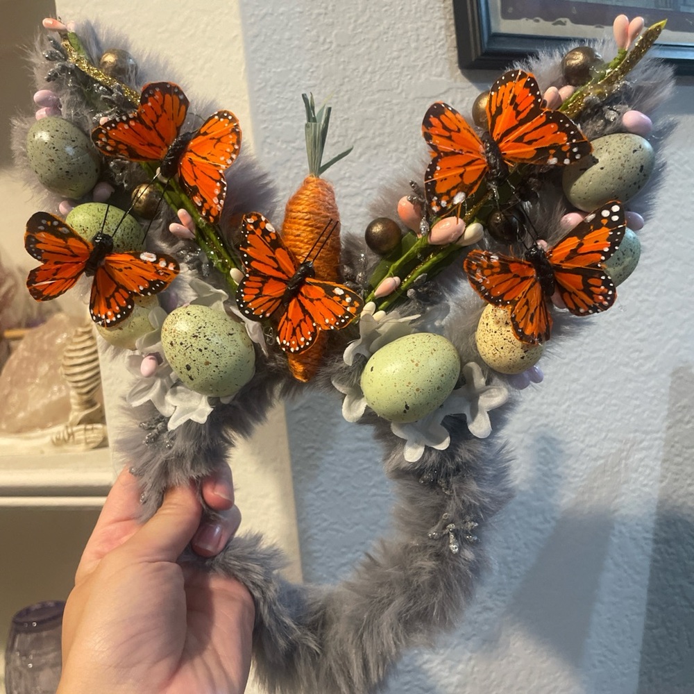 Gray Easter Ears /Bunny Ears with Orange Butterflies and Eggs